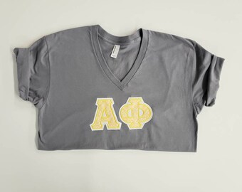 ΑΦ - Size L -  DAMASK Letter Alpha Phi Greek Stitched Lettered American Apparel V-neck T-shirt