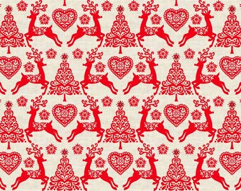Scandinavian Christmas material - Red Christmas fabric - Scandinavian fabric - reindeer fabric - cotton fabric - Quilting fabric