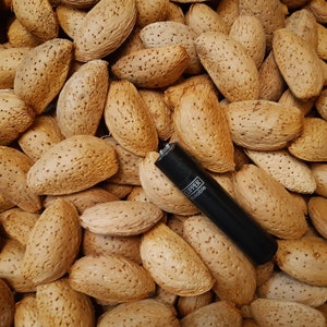 Op de afbeelding: Een close-up afbeelding van een grote stapel amandelen. De amandelen zitten allemaal in hun schil en zijn lichtbruin van kleur. In het midden van de afbeelding is een zwarte aansteker te zien.