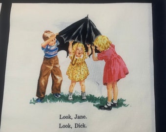 Dick and Jane Fabric Look Sally by Michael Miller rare OOP panel with 8 squares with cream background squares approximately 10 inches