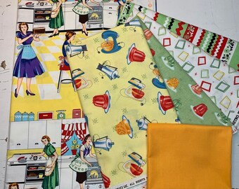 Rare Michael Miller 50s Retro Kitchen food limited edition quilt fabric bundle OOP 3.25 total yards gift for foodie gift or home ec teacher