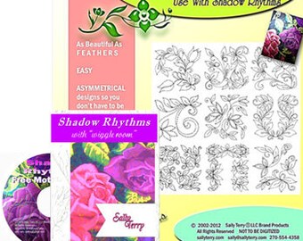 May include: A colorful embroidery pattern book titled "Sally Terry's Fleur De Vine 2" with the text "Use With Shadow Rhythms". The book cover features a pink background with a green floral design and a close-up of a pink and purple flower.