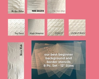 May include: A collection of quilting stencils and fabric samples on a pink background. The stencils are labeled "our best beginner background and border stencils" and are 12 inches in size. Fabric samples include "The Logo-Motion", "The Shake", "The Two Step", "Tap Dance", "Mash Potatoes", "Disco", "Disco Ball", and "Moon Walk".