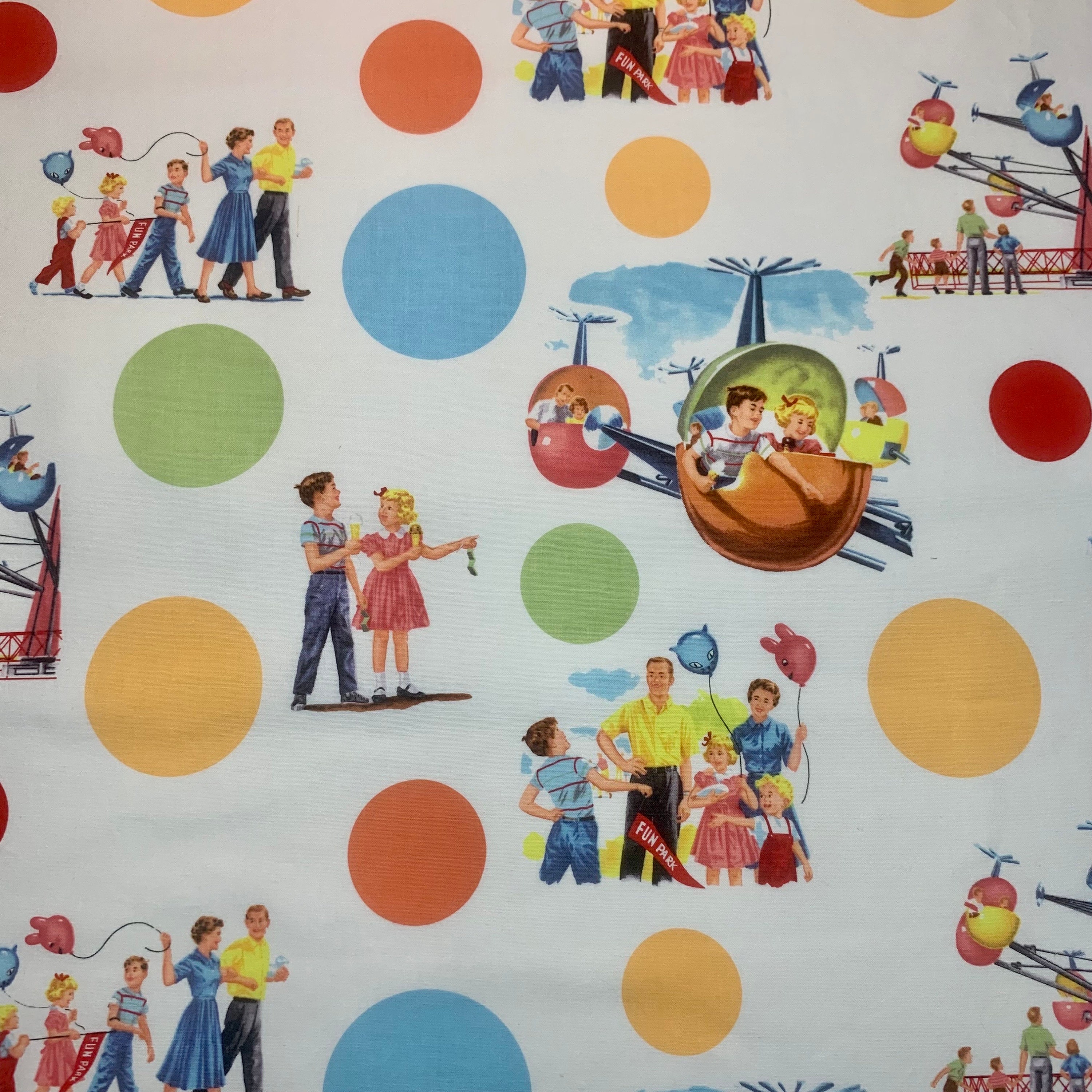 Dick and Jane at the Fun Park Circle fabric BTHY from Michael Miller white background colorful fun park county state fair ride attractions