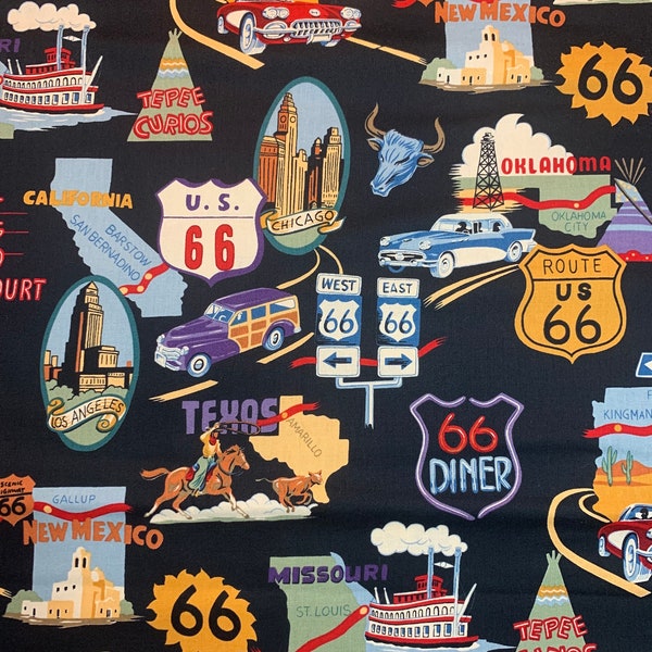 Route 66 classic vintage cotton quilt fabric from Alexander Henry 2002 large scale pattern with retro cars, highway, diner, motel signs