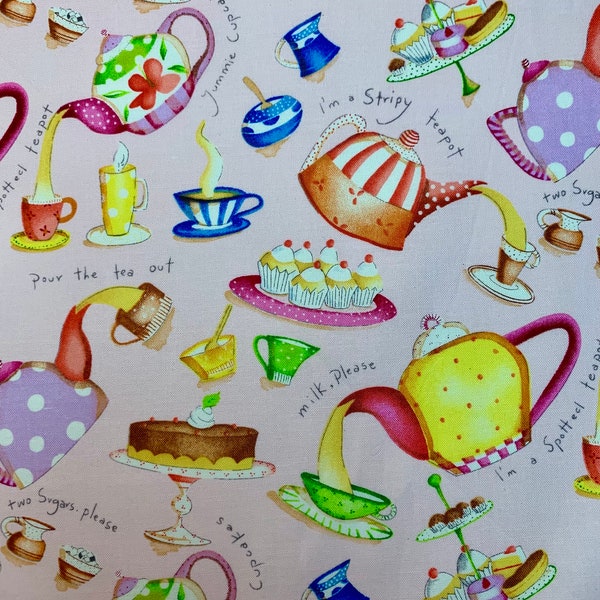 Cute Tea Party pink colorful cotton quilt fabric Debbie Taylor Kerman BTHY for aprons, cupcake fabric, cake fabric, food fabric, tea pot-cup