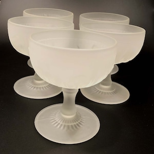 1930s Jeanette Iris and Herringbone Frosted Water Goblets and Champagne/Sherbet Glasses