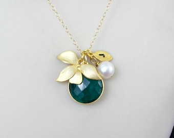 Birthstone Necklace, Custom Necklace, Emerald Necklace, Initial Necklace, Flower necklace, May birthstone Jewelry, Orchid, Gold, Silver,