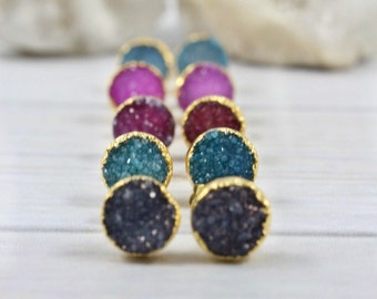 Blue Druzy Gold Earrings,Stone Earrings,Gold Stud Earrings,Minimalist Stone Earrings,Druzy Earrings,Wedding Jewelry,Bridesmaid gift