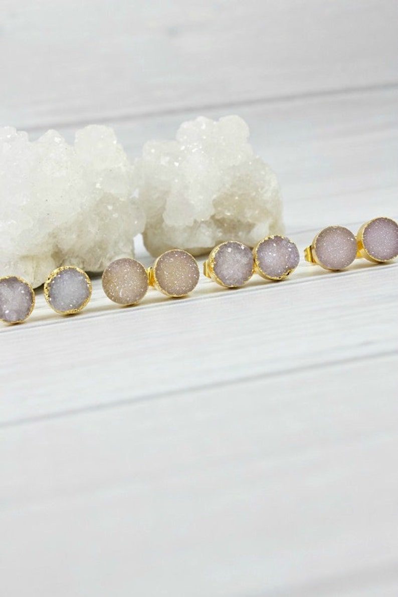 Gifts Gold Bridesmaid Earrings Small Crystal Earrings Bridal Jewelry Wedding Earrings Raw Stone Earrings Druzy Studs Druzy Earrings