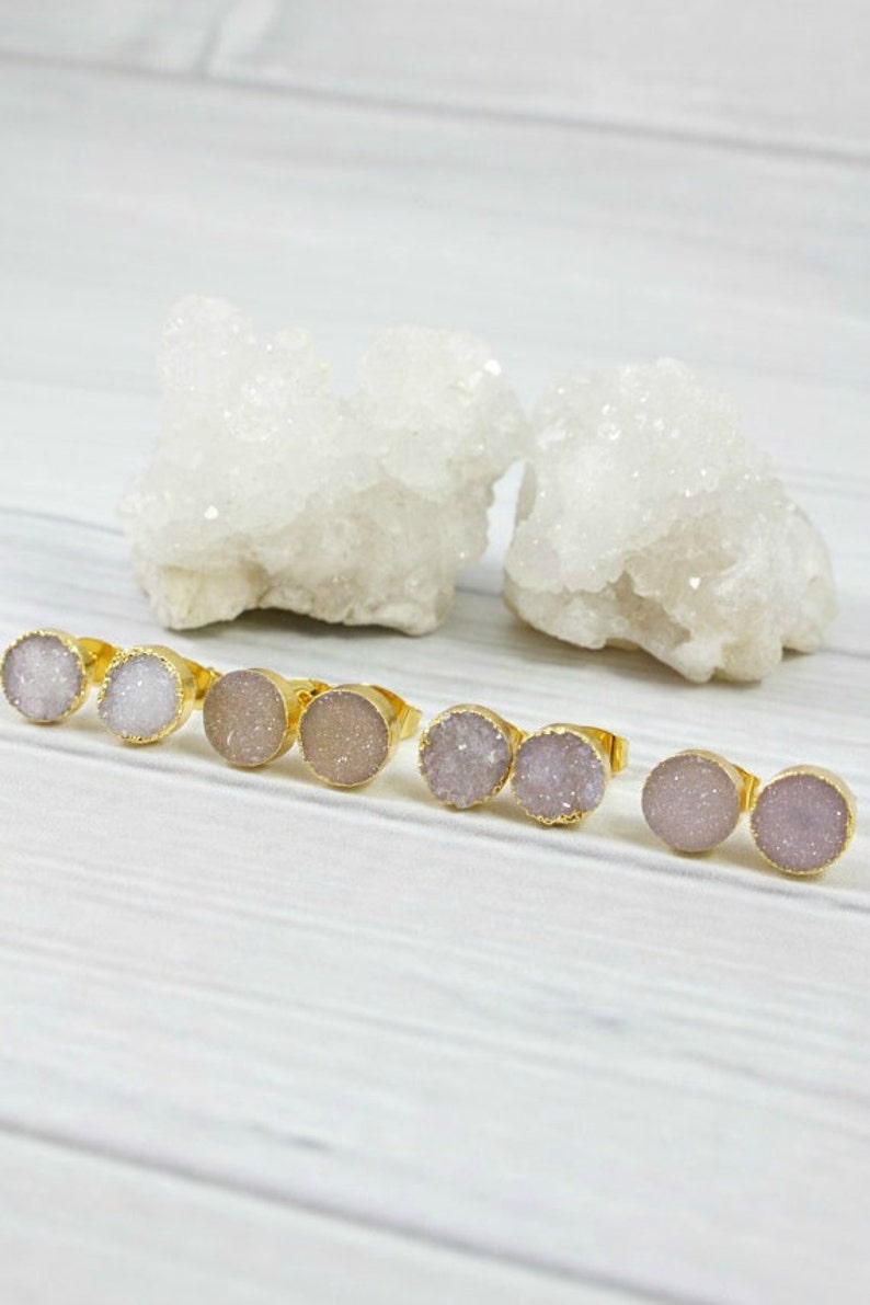 Gifts Gold Bridesmaid Earrings Small Crystal Earrings Bridal Jewelry Wedding Earrings Raw Stone Earrings Druzy Studs Druzy Earrings