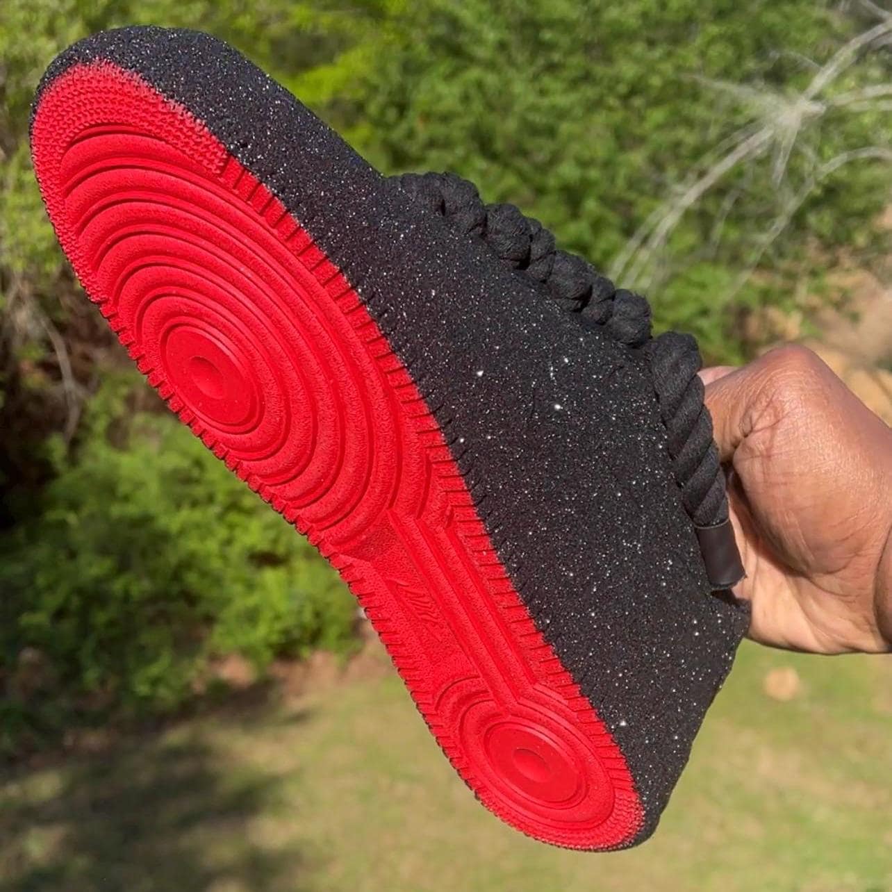 Red Bottom All Black Glitter  AF1 (Regular or Rope laces) on Black base shoe