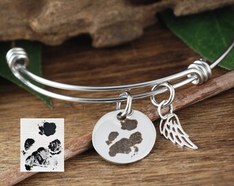 Pet Memorial Charm Bracelet, Actual Paw Print Bracelet, Actual Pet Paw Bracelet, Pet Paw Jewelry, Angel Wing Bracelet, Memorial Jewelry