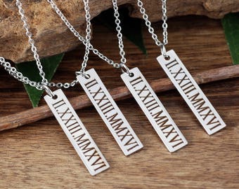 Roman Numeral Necklace, Personalized Bar Necklace, Engraved Bar Necklace, Date Jewelry, Bridesmaid Gift, Bar Necklace, Monogram Necklace