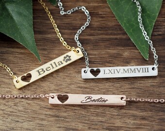 Engraved Bar Necklace, Personalized Bar Necklace, Roman Numeral Necklace, Name Jewelry, Bridesmaid Gift, Bar Necklace, Monogram Necklace