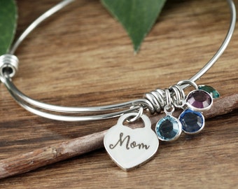 Pulsera de la madre, pulsera grabada personalizada pulsera, pulsera de la mamá, regalo para la mamá, esposa, joyería grabada, joyería de piedra de nacimiento para la mamá