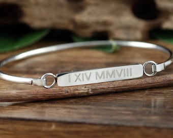 Roman Numeral Bangle Bracelet, Silver Custom Date Jewelry, Personalized Engraved Bracelet, Anniversary Gift for Wife, Date Bracelet