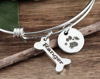 Dog Charm Bracelet, Actual Paw Print Bracelet, Actual Pet Paw Bracelet, Pet Paw Jewelry, Angel Wing Bracelet, Memorial Jewelry, Dog Mom GIft