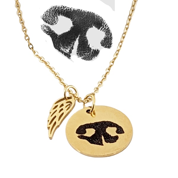 Actual Pet Nose print Jewelry, Nose Print Necklace, Actual Pet Paw, Engraved Necklace With Angel Wings, Pet Memorial Jewelry, Loss of Pet