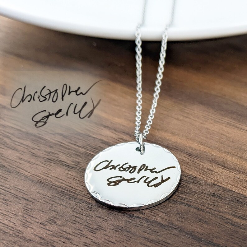 Actual Handwriting Necklace, Custom Handwriting Jewelry, Engraved Heart Necklace, Memorial Handwritten Necklace, Signature Necklace image 1