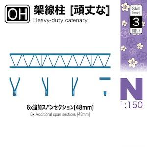 May include: A diagram of a heavy-duty catenary system with the text "Heavy-duty catenary" and "6x Additional span sections [48mm]" in English. The diagram includes a blue truss structure and various support components.