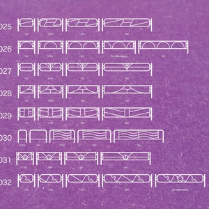 Op de afbeelding: Een diagram dat verschillende hekontwerpen laat zien met afmetingen in meters. Het diagram is gelabeld met de nummers 025 tot en met 032. De tekst "Vaardigheidsniveau 1" en "簡単" is ook in het diagram opgenomen.
