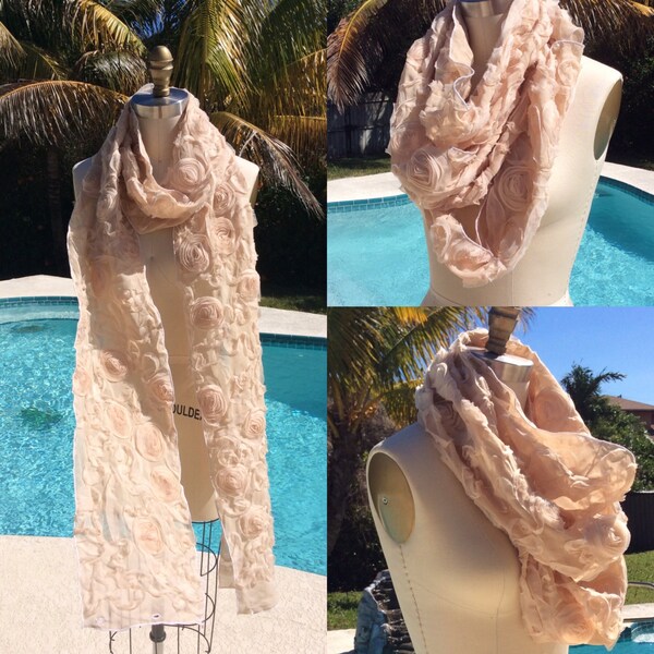 Floral scarf rose scarf bohemian infinity scarf bohoscarf  spring scarf fall scarf chiffon infinity scarf buttons floral adjustable