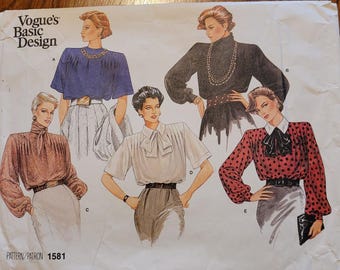 Patrón de blusa básica sin cortar de la marca Vogue, estilo vintage de los años 80, número 1581, talla 12.