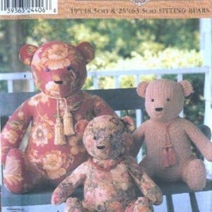 May include: A Simplicity Home sewing pattern for making two sitting bears. The pattern includes instructions for making a 19-inch (48.5 cm) bear and a 25-inch (63.5 cm) bear. The bears are shown in floral fabric and a pink and white gingham fabric.