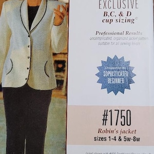 May include: A sewing pattern for a jacket with a black trim and button closure. The pattern is designed for the sophisticated beginner and includes sizes 1-4 and 5w-8w. The pattern is called "Robin's Jacket" and is number #1750.