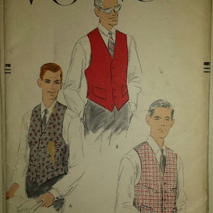 May include: A vintage Vogue sewing pattern for a men's vest. The pattern shows three different styles of vests: one red, one with a paisley pattern, and one with a red and white plaid pattern. The pattern is printed on a white background with black text. The text on the pattern reads "Vogue", "Printed and Perforated Pattern", and "Copyright 1956, The Conde Nast Publications Inc."