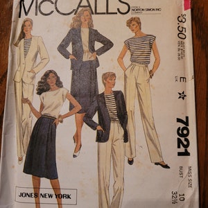 Vintage 80&#39;s Uncut McCalls Misses sz 10 wardrobe of jacket, top, skirt and pants pattern 7921