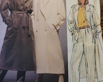 May include: Vogue Patterns American Designer pattern 1487 for a coat. The pattern shows three different styles of coats, one with a belt, one with a double-breasted closure, and one with a more casual look. The pattern is from the company "blassport ltd."