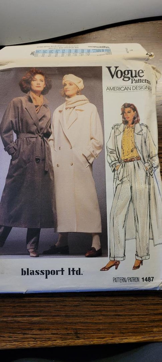 Vogue American Designer Blassport Ltd Misses sz 14 Trench Coat Pattern 1487