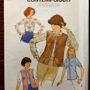 May include: A sewing pattern for a contemporary fashion design. The pattern includes three different styles of vests, one with a plaid shirt, one with a striped shirt, and one with a floral shirt. The pattern is for size 12.