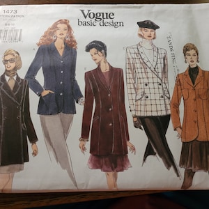 May include: A sewing pattern for four different blazer styles. The pattern is from Vogue Basic Design and is for sizes 6-10. The blazers are shown in different colors and fabrics, including a navy blue blazer, a burgundy blazer, a white and black plaid blazer, and a brown blazer.