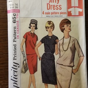 May include: Vintage Simplicity Jiffy Dress sewing pattern. The package features illustrations of three women in dresses. The pattern includes four main pieces and is easy-cut and easy-sew. Size 16, bust 36 inches.