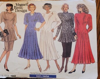 Patrón vintage sin cortar de los años 80 de Vogue para vestido, túnica y falda de diseño básico para mujer, tallas 8-12, 1942.