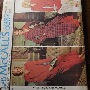 May include: A sewing pattern for a robe and pajamas. The pattern is for misses sizes and includes instructions for making a robe and a pair of pajamas. The pattern is from McCall's and the number is 5367.