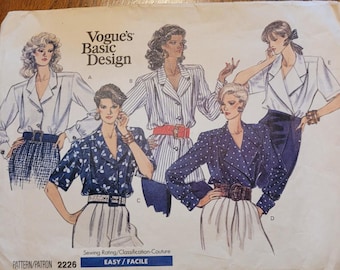 Patrón de blusa vintage de los años 80, sin cortar, de Vogue, diseño básico para mujer, tallas 6, 8 y 10, número 2226.