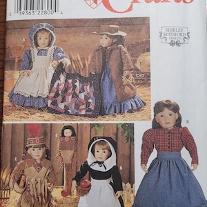 May include: Simplicity Crafts pattern 8654 for making doll clothes. The pattern includes five different outfits: a pilgrim dress, a pioneer dress, a colonial dress, a Native American outfit, and a prairie dress. The pattern is for Shirley Botsford Designs dolls.