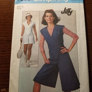May include: A vintage Simplicity sewing pattern for a women's jumpsuit and a tennis dress. The pattern number is 7958 and the size is 14 Miss. The pattern is from the Jiffy line and costs $1.50.