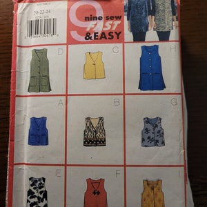 Vintage 90s Butterick 9 Sew Fast & Easy Vests Patterns Misses sz 20, 22, 24, 6274
