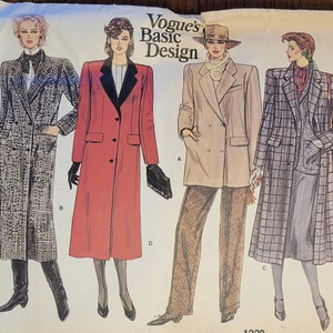 May include: A sewing pattern for five different coats. The pattern is from Vogue's Basic Design and is for size 12. The coats are all different colors and styles, including a black coat, a red coat, a beige coat, a plaid coat, and a black and white coat.