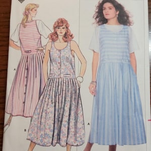 May include: A vintage sewing pattern for a dress, featuring three different styles. The pattern is from Butterick, size/taille 8, and is for a dress with a sleeveless bodice and a skirt with pleats. The pattern is for a dress with a striped bodice and a skirt with pleats. The pattern is for a dress with a floral print bodice and a skirt with pleats.