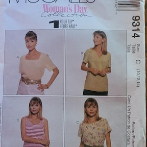 May include: A sewing pattern for four different tops. The pattern is for sizes 10, 12, and 14. The pattern is called "Woman's Day Collection" and is for a "1 Hour Top".