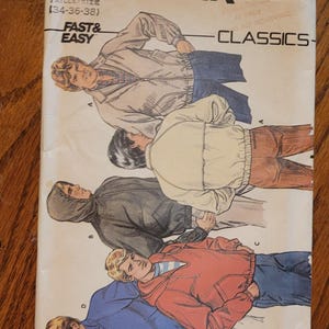 May include: A vintage Butterick sewing pattern envelope featuring illustrations of classic jackets. The envelope displays the text "BUTTERICK", "FAST & EASY", and the size range (34-36-38). The jackets are shown in various colors, including gray, white, and red.