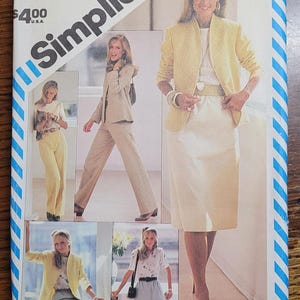 May include: Simplicity sewing pattern featuring women's suits and separates. The cover shows a woman in a yellow jacket and skirt, and other images show different outfit combinations. The pattern includes the text "GO EVERY WHERE".