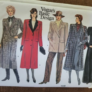 May include: A sewing pattern for four different coats. The pattern is from Vogue's Basic Design and the pattern number is 1220.
