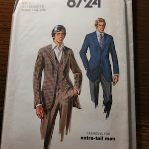 May include: Simplicity sewing pattern number 8724 for extra-tall men's suits. The pattern includes instructions for a brown plaid suit with a vest and a blue suit. The pattern is available in sizes R(38840842844) and U(46848850852).